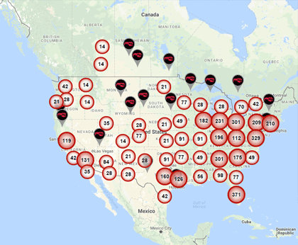 Relocation map of available jobs in the US and Canada